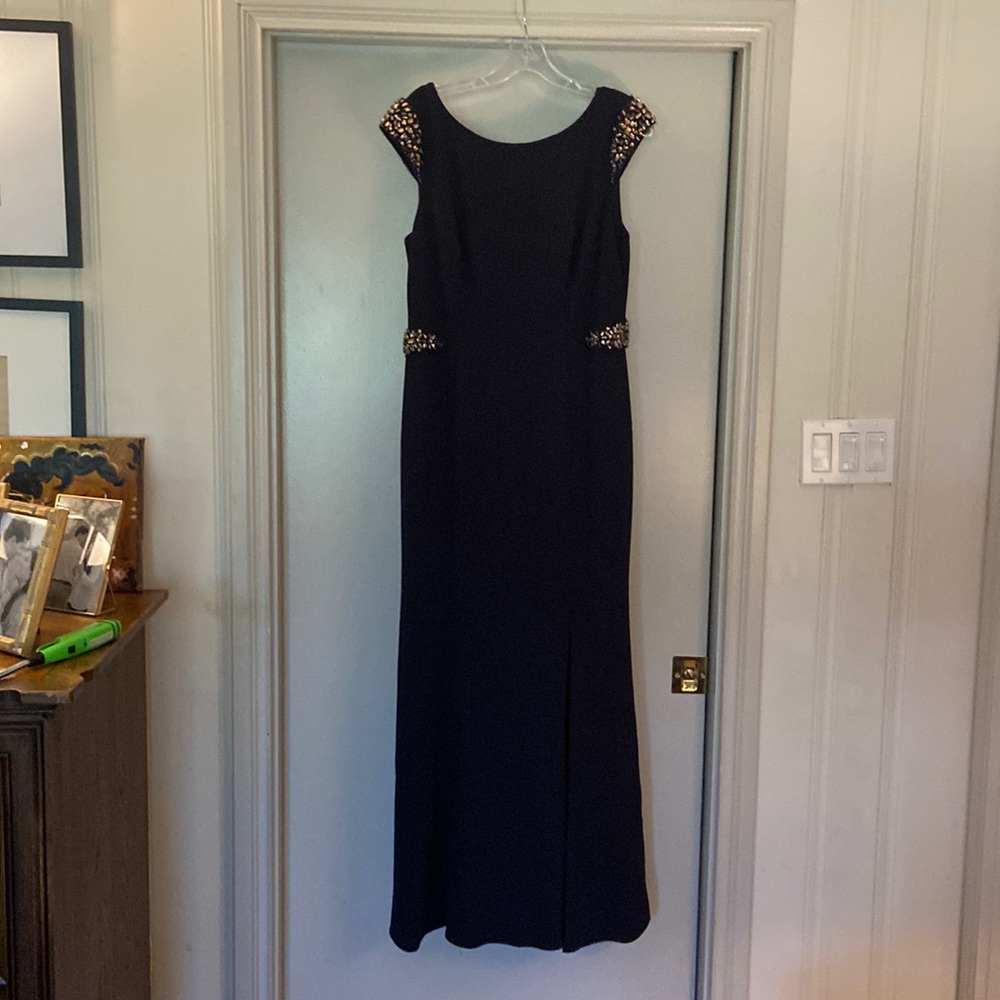 Adrianna Papell Black Evening Gown with Gold Beading
